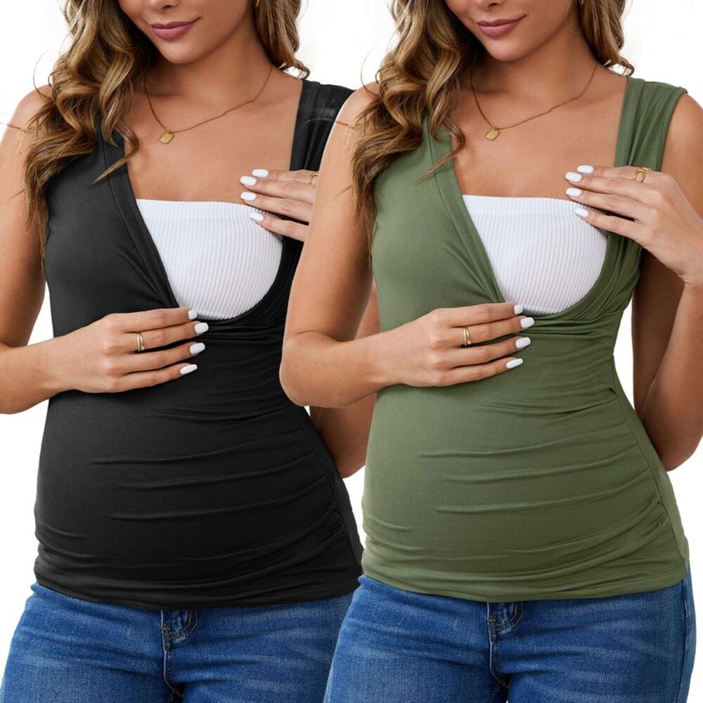 2-Pack Nursing Tank Wrap Ruched Breastfeeding Maternity Tops Black&Green